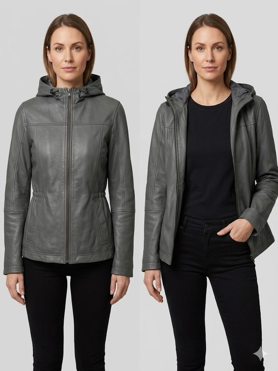 Danier Jackets & Blazers - Women's Hooded Bomber Leather Jacket -Stone Grey
